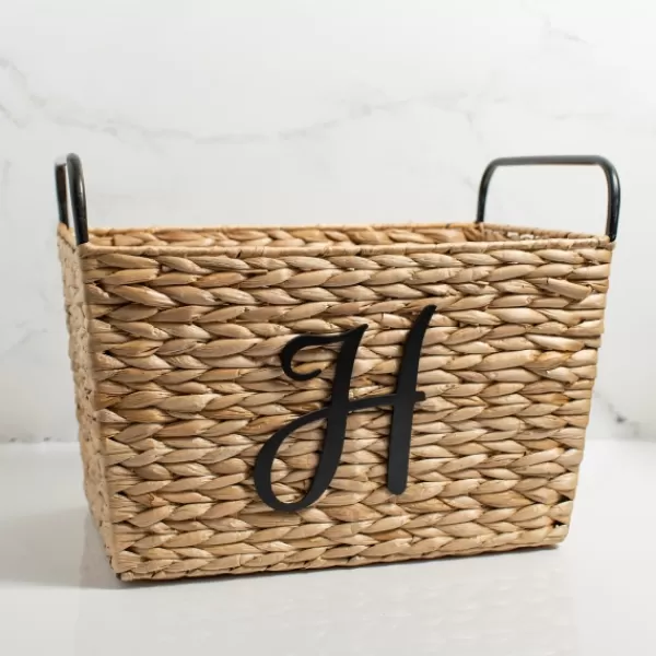 Baskets & Boxes-Kirkland's Home Monogram H Woven Rat Metal Handle Basket Tan