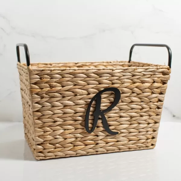Baskets & Boxes-Kirkland's Home Monogram R Woven Rat Metal Handle Basket Tan