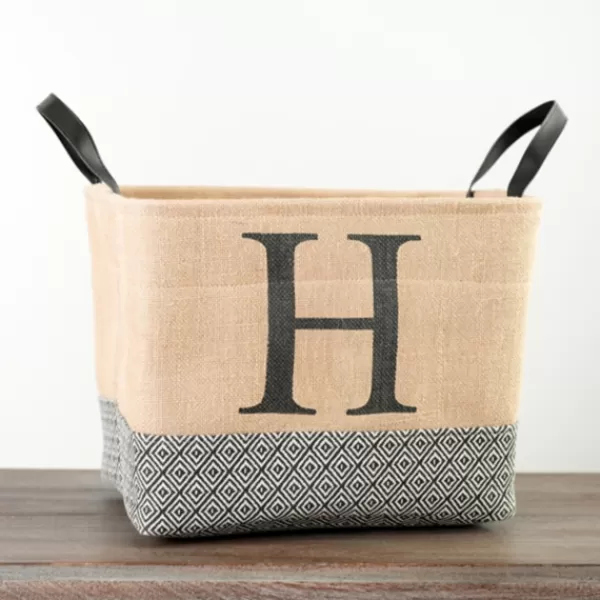 Baskets & Boxes-Kirkland's Home Monogrammed H Black Diamond Jute Storage Bin Tan/Black