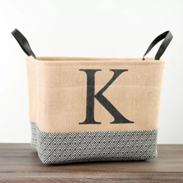 Baskets & Boxes-Kirkland's Home Monogrammed K Black Diamond Jute Storage Bin Tan/Black