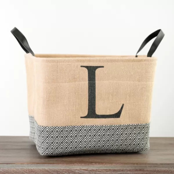 Baskets & Boxes-Kirkland's Home Monogrammed L Black Diamond Jute Storage Bin Tan/Black