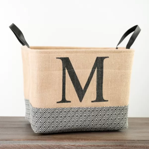 Baskets & Boxes-Kirkland's Home Monogrammed M Black Diamond Jute Storage Bin Tan/Black