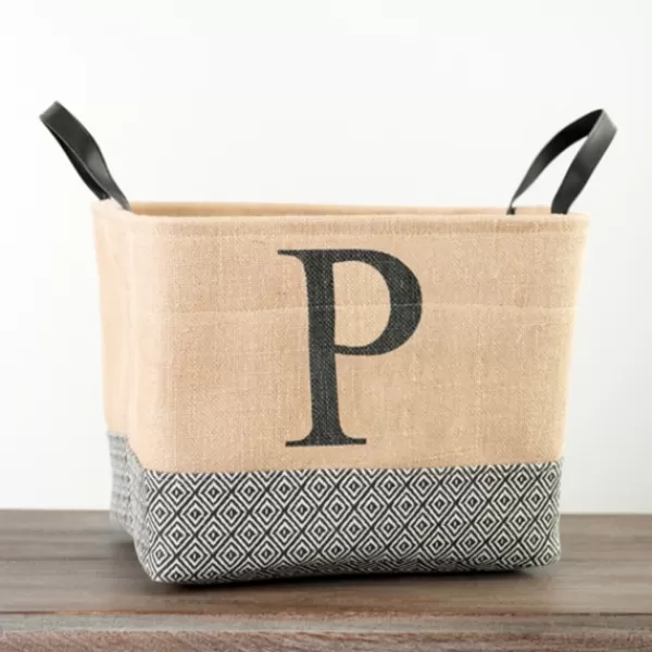Baskets & Boxes-Kirkland's Home Monogrammed P Black Diamond Jute Storage Bin Tan/Black