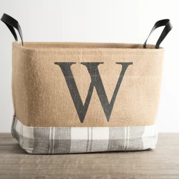 Baskets & Boxes-Kirkland's Home Monogrammed W Gray Plaid Leather Handle Jute Bin Tan
