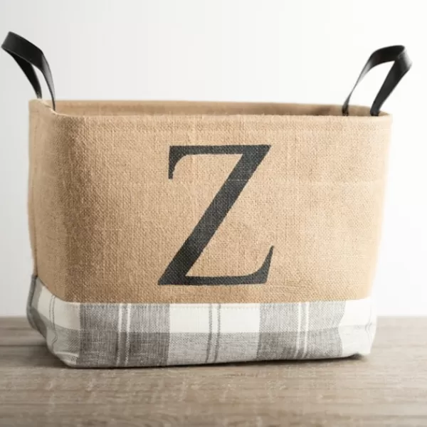 Baskets & Boxes-Kirkland's Home Monogrammed Z Gray Plaid Leather Handle Jute Bin Tan