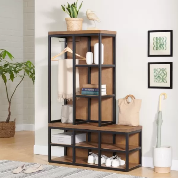 Entryway Furniture-Kirkland's Home Natural Acacia Wood And Metal Hall Tree With Bench