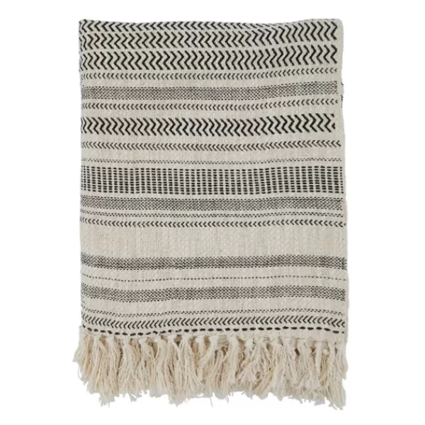 Blankets & Throws-Kirkland's Home Natural Block Print Throw With Fringe Ivory/Gray