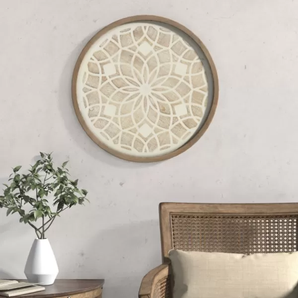 Wall Plaques-Kirkland's Home Natural Carved Wood Medallion Round Wall Plaque Tan