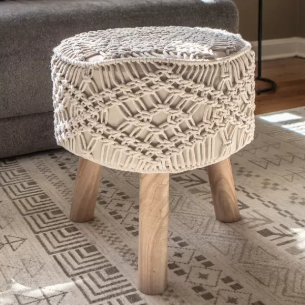 Benches & Ottomans-Kirkland's Home Natural Crochet Stool Tan/Ivory
