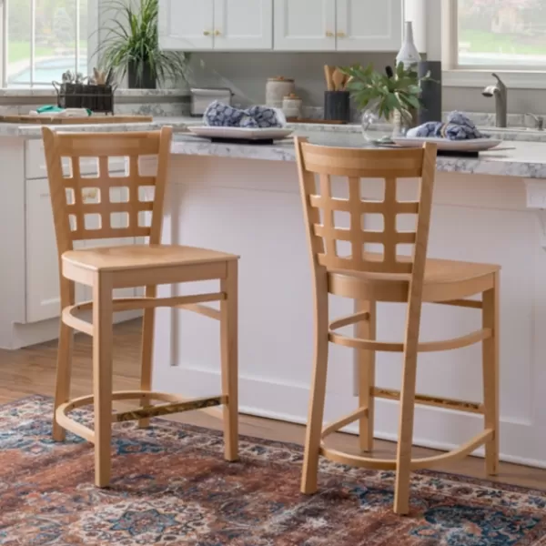Bar Stools & Counter Height Stools-Kirkland's Home Natural Grid Back Wood Counter Stools, Set Of 2 Tan