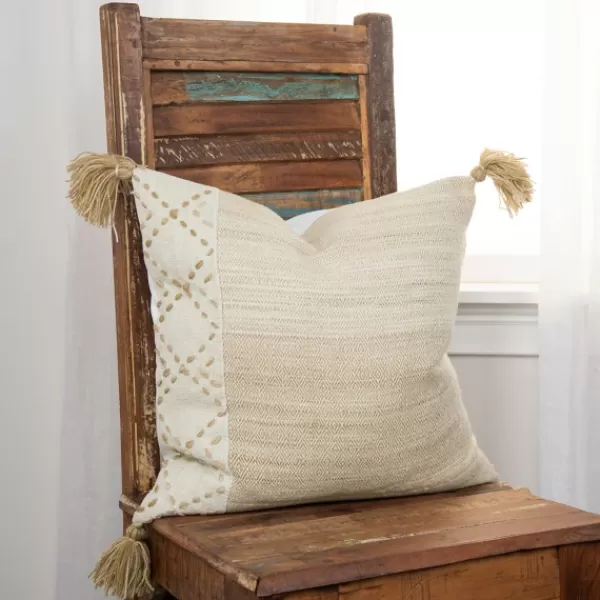 Pillows-Kirkland's Home Natural Kantha Stitch Recycled Throw Pillow Tan
