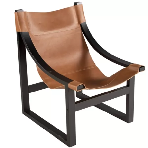 Accent Chairs-Kirkland's Home Natural Leather And Black Wood Sling Accent Chair Tan