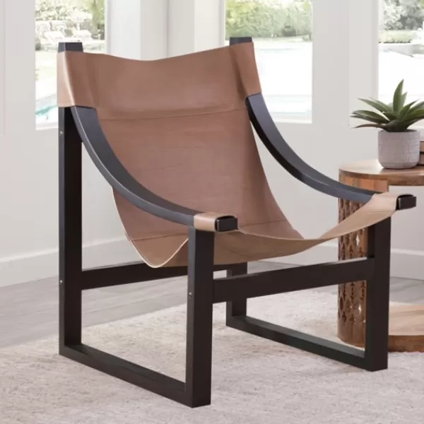 Accent Chairs-Kirkland's Home Natural Leather And Black Wood Sling Accent Chair Tan