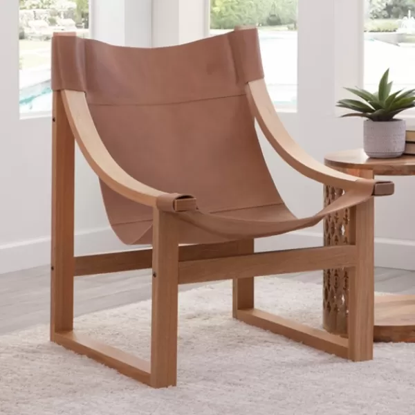 Accent Chairs-Kirkland's Home Natural Leather And Wood Sling Accent Chair Tan
