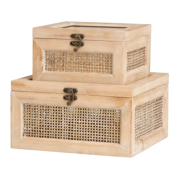 Baskets & Boxes-Kirkland's Home Natural Rat And Glass Top Boxes, Set Of 2 Tan