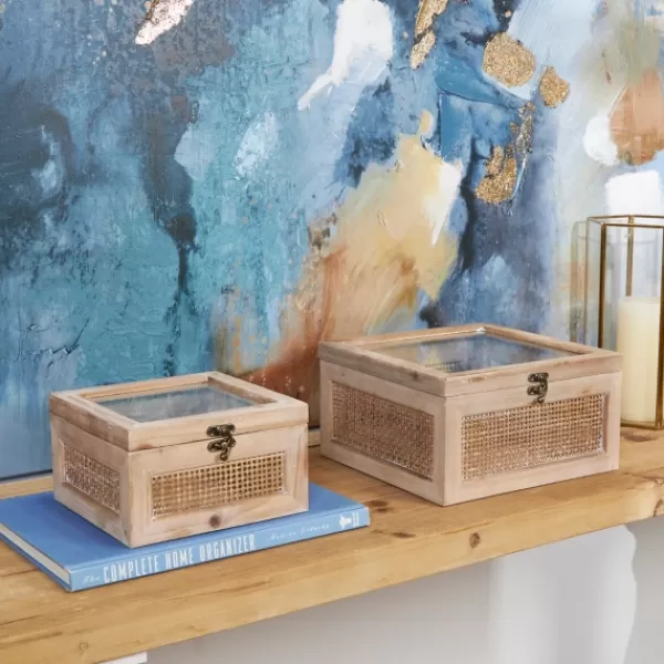 Baskets & Boxes-Kirkland's Home Natural Rat And Glass Top Boxes, Set Of 2 Tan