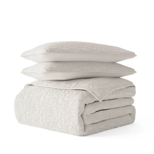 Quilts-Kirkland's Home Natural Stitched Floral 3-Pc. King Quilt Set Ivory