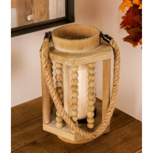 Lanterns-Kirkland's Home Natural Wood Beaded & Rope Handle Lantern Tan
