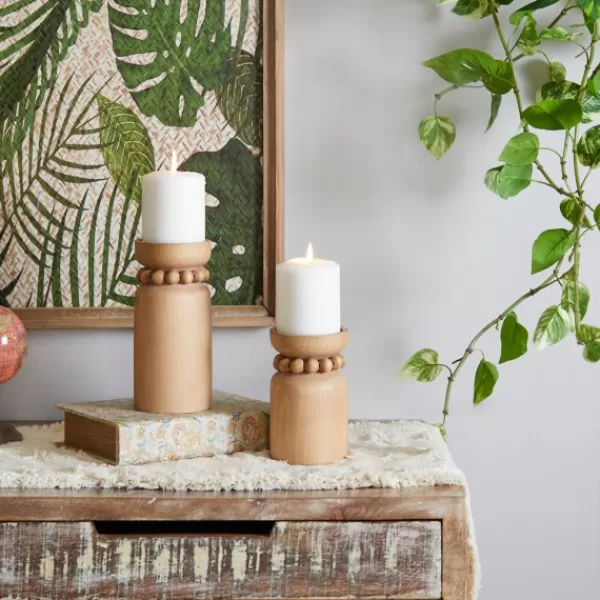Candle Holders-Kirkland's Home Natural Wood Beaded Candle Holders, Set Of 2 Tan