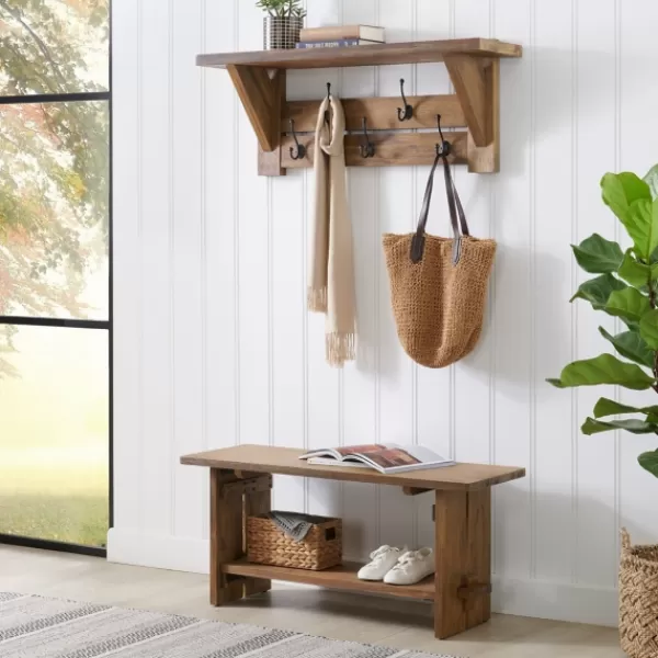 Entryway Furniture-Kirkland's Home Natural Wood Bench And Hooks 2-Pc. Hall Tree Set
