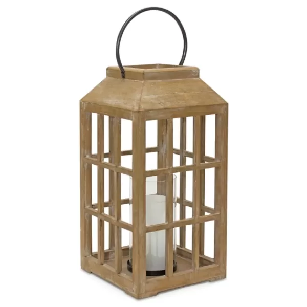 Lanterns-Kirkland's Home Natural Wood Windowpane Lantern, 22 In. Tan