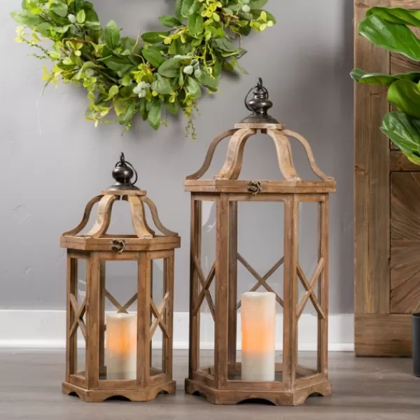 Lanterns-Kirkland's Home Natural Wood X-Frame Lanterns, Set Of 2 Tan