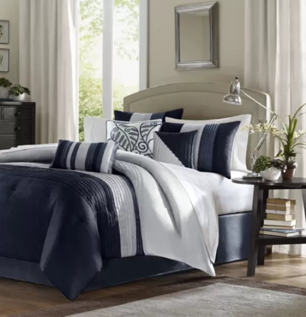 Comforters-Kirkland's Home Navy Amador 7-Pc. Queen Comforter Set Blue/Silver