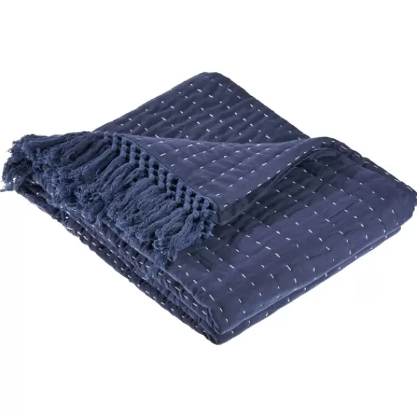Blankets & Throws-Kirkland's Home Navy And Cream Stitch Fringe Throw Blue