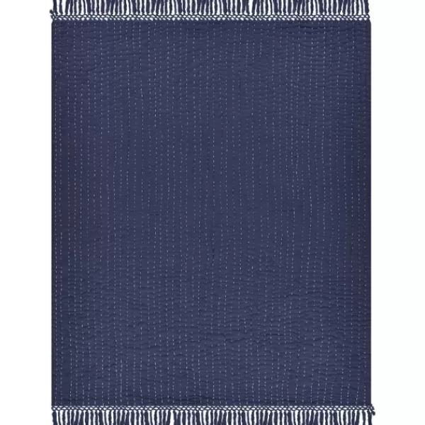 Blankets & Throws-Kirkland's Home Navy And Cream Stitch Fringe Throw Blue