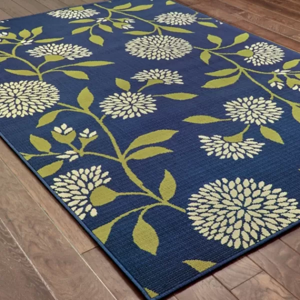 Outdoor Rugs-Kirkland's Home Navy And Green Floral Vine Outdoor Area Rug, 3X5 Blue/Green