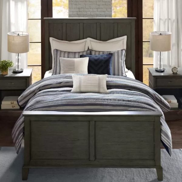 Comforters-Kirkland's Home Navy And Ivory Stripe 9-Pc. King Comforter Set Blue/White