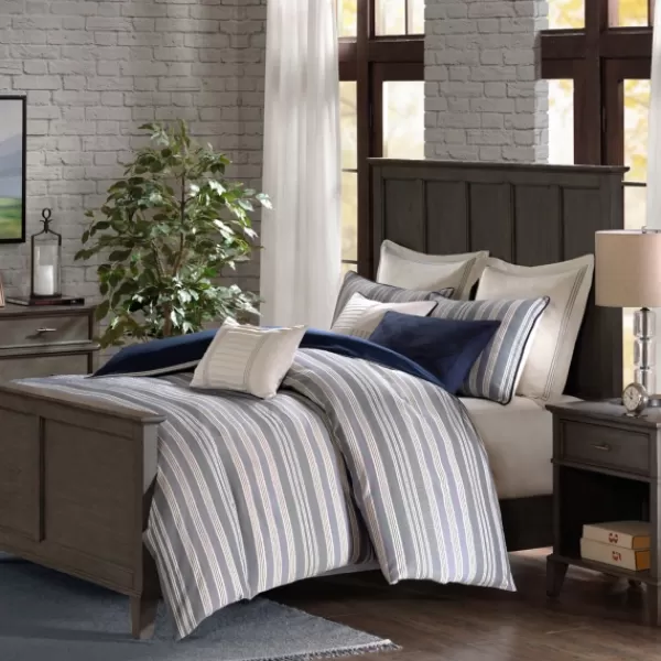 Comforters-Kirkland's Home Navy And Ivory Stripe 9-Pc. King Comforter Set Blue/White
