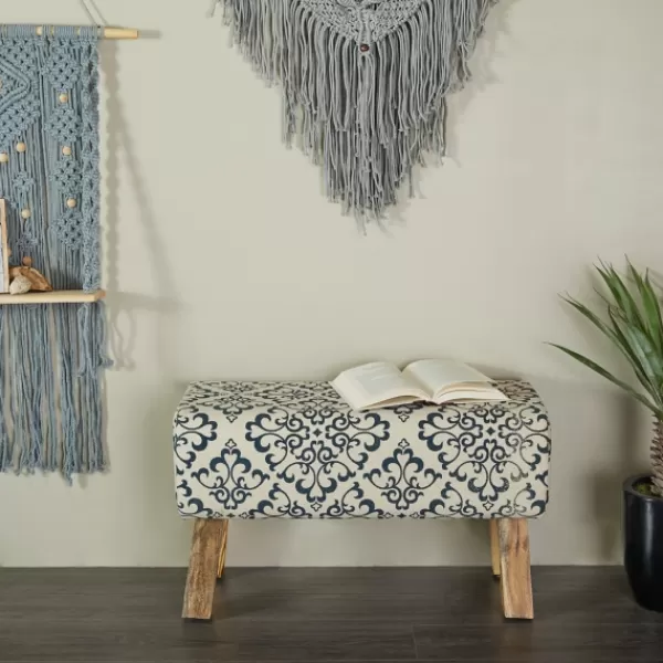 Benches & Ottomans-Kirkland's Home Navy And White Upholstered Scroll Bench Blue/White