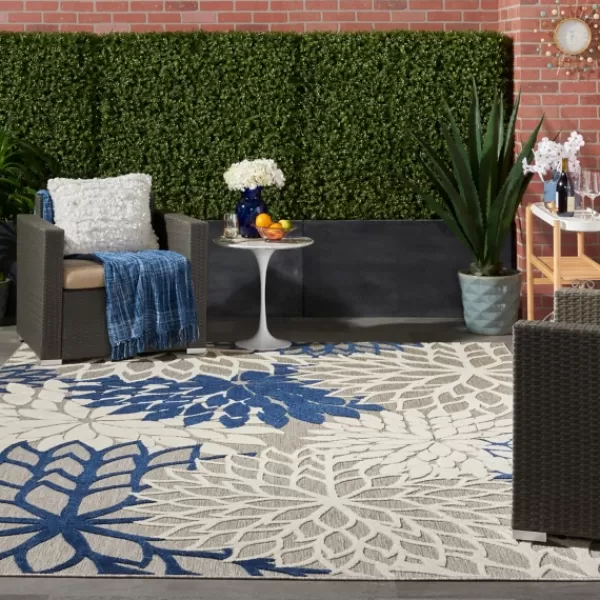 Outdoor Rugs-Kirkland's Home Navy Bright Floral Burst Outdoor Area Rug, 7X10 Blue/White/Tan