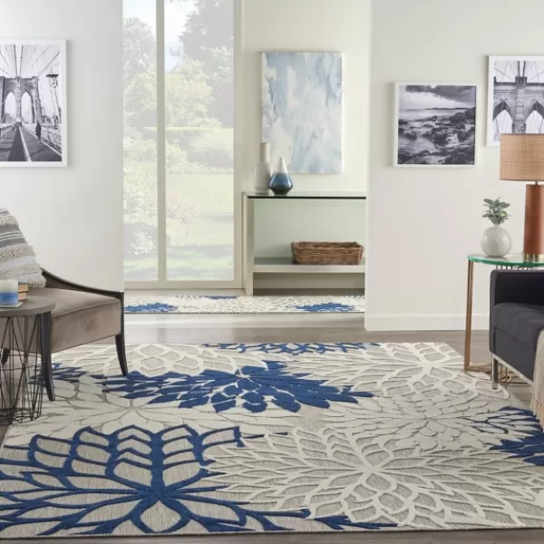 Outdoor Rugs-Kirkland's Home Navy Bright Floral Burst Outdoor Area Rug, 7X10 Blue/White/Tan