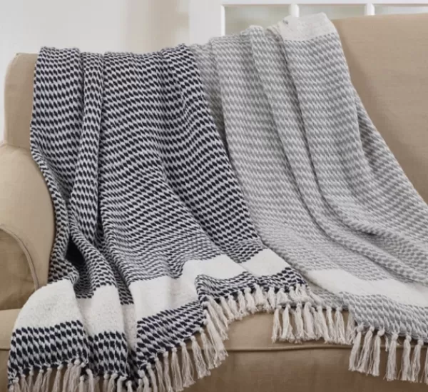 Blankets & Throws-Kirkland's Home Navy Diamond Weave Throw With Tassels Blue/White