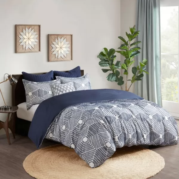Comforters-Kirkland's Home Navy Jacquard 3-Pc. California King Comforter Set Blue/White