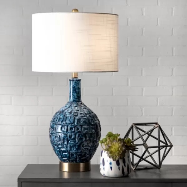 Table Lamps-Kirkland's Home Navy Mod Square Pattern Table Lamp White