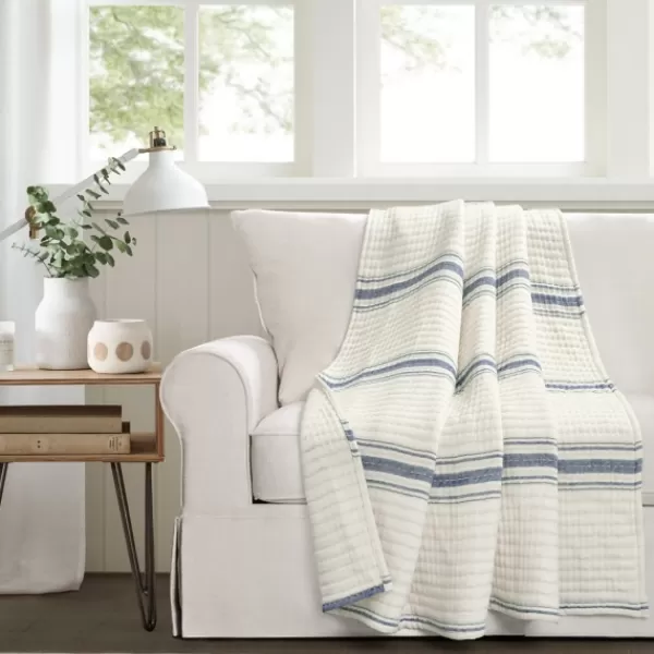 Blankets & Throws-Kirkland's Home Navy Pick Stitch Stripe Decorative Throw Blue/White