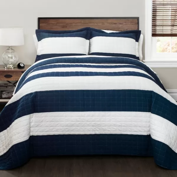 Quilts-Kirkland's Home Navy Stripe 3-Pc. Full/Queen Quilt Set Blue/White