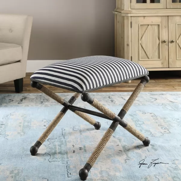 Benches & Ottomans-Kirkland's Home Navy Striped Seat And Black Metal Ottoman Blue/Ivory