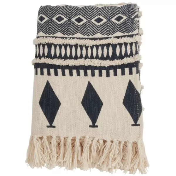 Blankets & Throws-Kirkland's Home Navy Textured Geometric Fringed Throw Blue/White