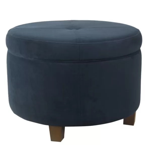 Benches & Ottomans-Kirkland's Home Navy Velvet Upholstered Round Storage Ottoman Blue