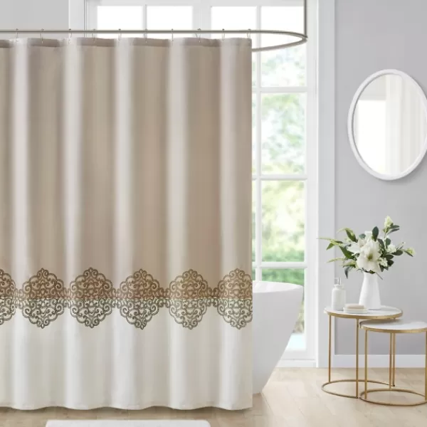 Shower Curtains-Kirkland's Home Neutral Block Embroidered Shower Curtain Brown/Ivory