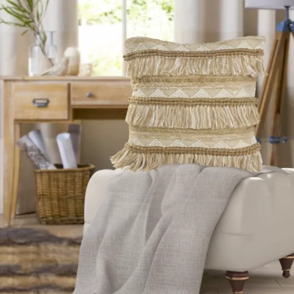 Pillows-Kirkland's Home Neutral Embroidered Fringe Accent Pillow Brown