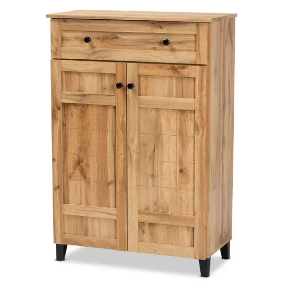 Entryway Furniture-Kirkland's Home Oak 2-Door Grid Shoe Storage Cabinet Tan