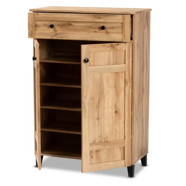 Entryway Furniture-Kirkland's Home Oak 2-Door Grid Shoe Storage Cabinet Tan