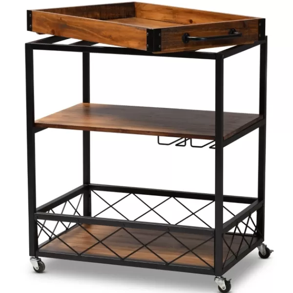 Kitchen Islands & Bar Carts-Kirkland's Home Oak And Black Metal Bar Cart With Stemware Rack