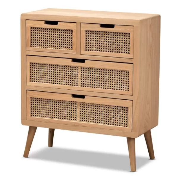 Dressers & Chests-Kirkland's Home Oak And Rattan 4-Drawer Chest