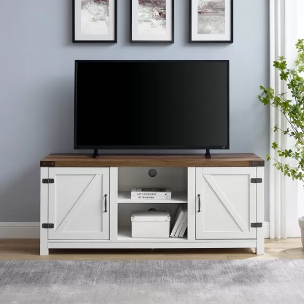 Tv Stands & Media Consoles-Kirkland's Home Oak Farmhouse Double Door Tv Stand Brown/White